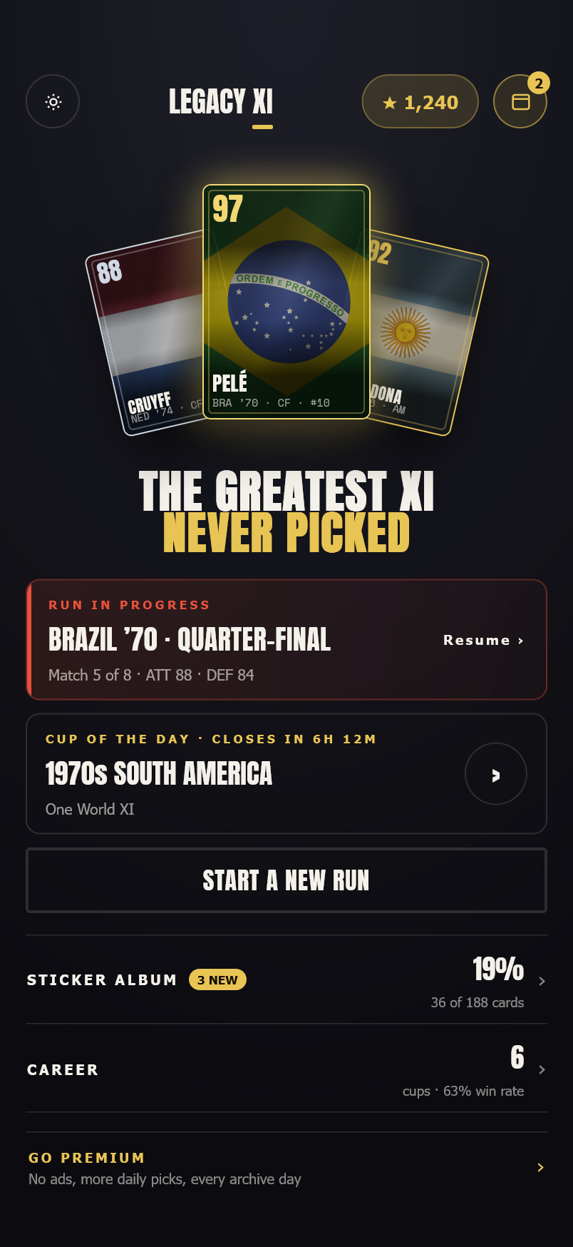 Legacy XI main menu interface mockup showing the daily cup strip and run history