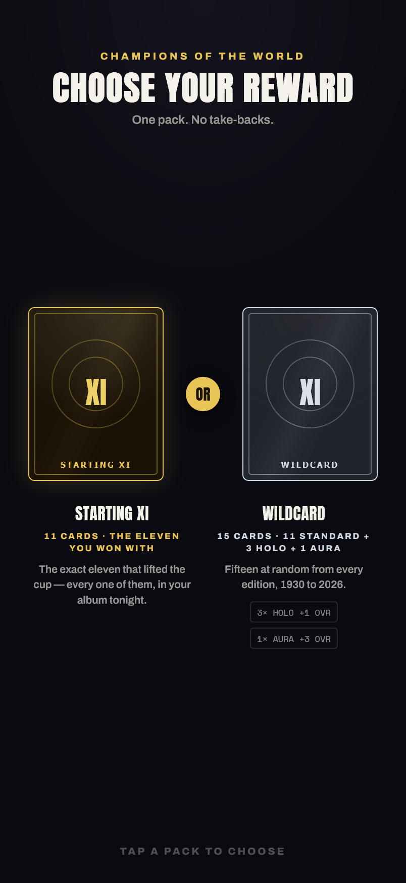 Legacy XI post-match reward interface mockup showing a choice of three cards